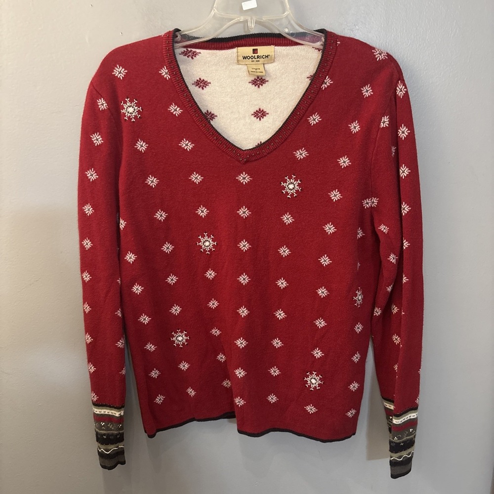 Vintage Woolrich Women's Red White Snowflake V-Neck Knit Sweater Holidays Size M